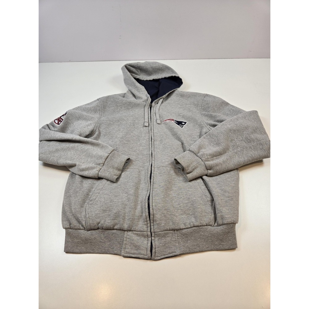 New England Patriots Jacket Mens Large Blue Gray NFL Football Reversible Hooded